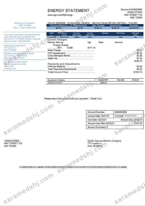 USA California PG&E (Pacific Gas and Electric Company) utility bill template in Word and PDF format, version 2